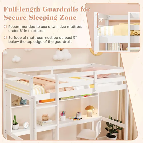 Miniatura 7 de Giantex Cama alta individual con escritorio y estantería, marco de cama alta de madera maciza con barandillas de seguridad y escalera, marco de cama