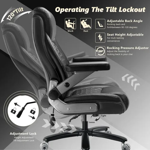 Miniatura 8 de Silla de oficina grande de servicio pesado de 600 libras con brazos abatibles 5D, cómoda silla de escritorio ejecutiva grande y alta con cojín