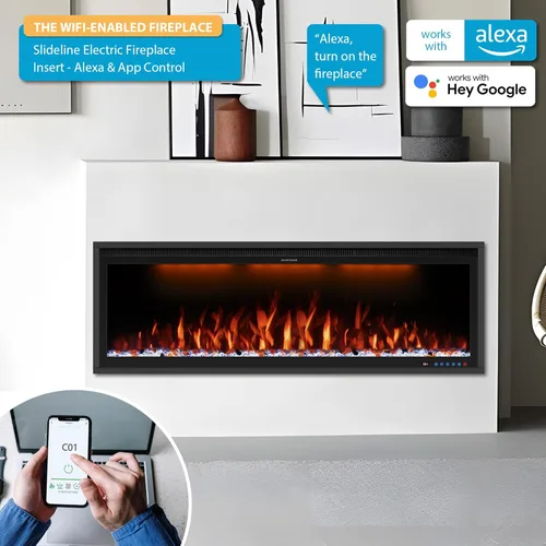 Miniatura 7 de Calentador eléctrico inteligente de 60 pulgadas de ancho, chimenea de imitación empotrada y montada en la pared con control remoto y aplicación, 13