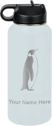 Miniatura 13 de LaserGram Botella de agua personalizada, pingüino, acero inoxidable de doble pared aislada al vacío con popote superior, regalo grabado