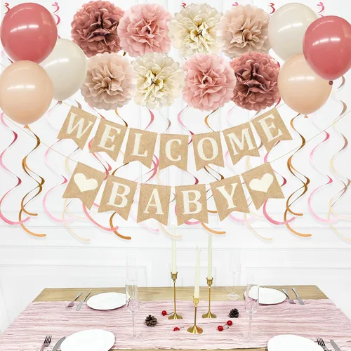 Miniatura 10 de Kit de decoración de fiesta de baby shower, pancarta de arpillera de corazón de bebé con flores de tejido verde salvia, pompones, fieltro, remolino