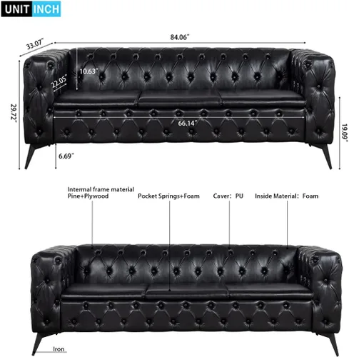 Miniatura 2 de Sofá Chesterfield de 84 pulgadas, piel sintética, cojín extraíble tradicional con brazo cuadrado de 3 plazas, ribete de botón copetudo con patas