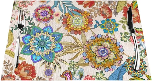 Miniatura 2 de Juego de 4 manteles individuales florales bohemios de lino de 12 x 18 pulgadas, manteles individuales de flores coloridas para cocina, mesa