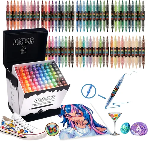 Marcadores de pintura acrílica de doble punta: control automático de tinta, 80 colores vibrantes, tinta fiel a la tapa, secado rápido y duradero,