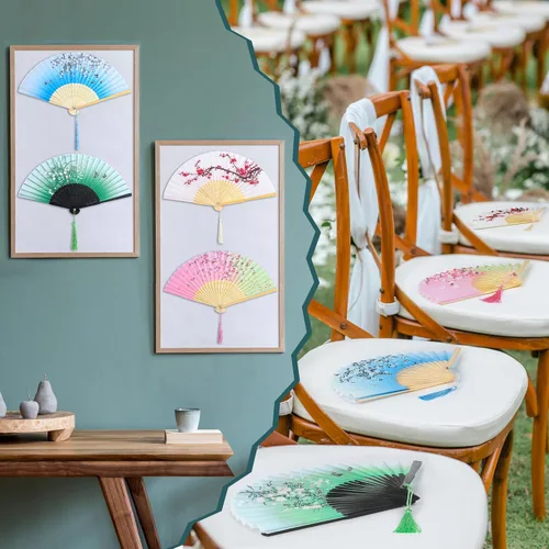 Miniatura 7 de Aneco 4 ventiladores plegables de mano, abanicos de tela de seda, abanicos de mano para bodas, fiestas, regalos, decoración de pared