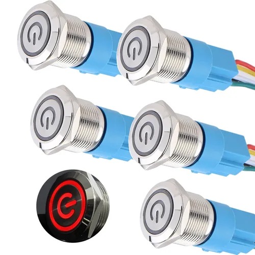 Miniatura 9 de 5 piezas de interruptor de botón de presión de cierre de metal de 16 mm impermeable, carcasa plateada, 12V-24V, 1NO 1NC, encendido/apagado