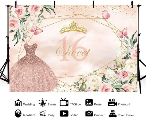 Miniatura 2 de AIBIIN Telón de fondo de cumpleaños de 7 x 5 pies, vestido rosa, floral, corona dorada, puntos con purpurina, decoración de fiesta de cumpleaños