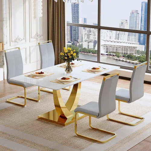 Miniatura 13 de Juego de mesa de comedor para 4, mesa de comedor de mármol sintético de 63 pulgadas con patas y base de acero inoxidable, sillas acolchadas