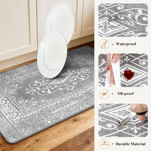 Miniatura 5 de Ileading Juego de 2 tapetes de cocina antifatiga, acolchados para piso, impermeables, antideslizantes, cómodos para cocina, oficina, fregadero, Gris
