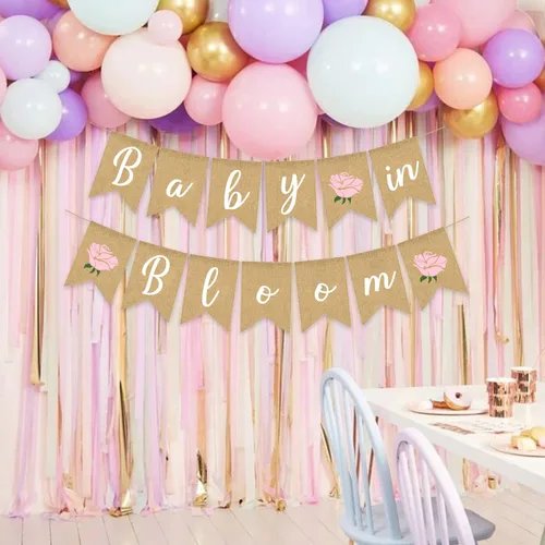 Miniatura 4 de Baby In Bloom - Cartel de arpillera con flores para decoración de baby shower, planta rústica, dulce niña, rosa, tema floral, suministros