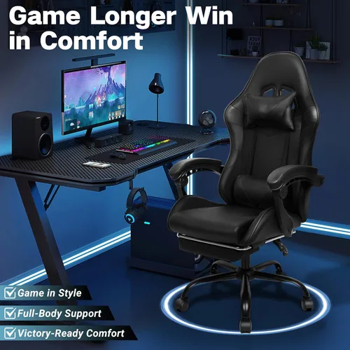 Miniatura 8 de Silla de juegos, silla ergonómica para computadora con reposapiés y soporte lumbar, silla de oficina ajustable en altura con asiento giratorio