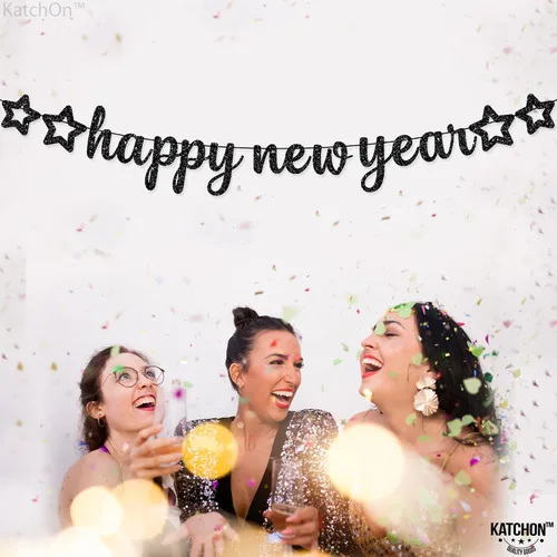 Miniatura 8 de KatchOn, Cartel de feliz año nuevo con purpurina negra – 10 pies, sin bricolaje Cartel negro de feliz año nuevo Suministros para fiesta de Año