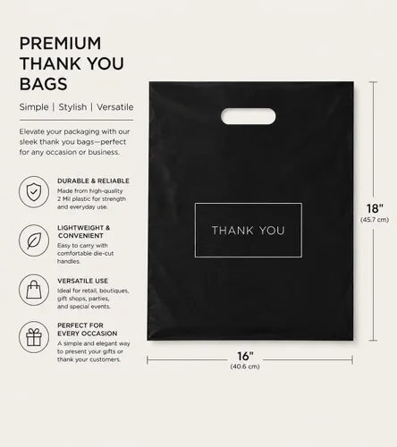 Miniatura 2 de Purple Q Crafts Bolsas de compras de plástico negras con asas, bolsas de agradecimiento para tiendas minoristas, grandes de 16 x 18 pulgadas