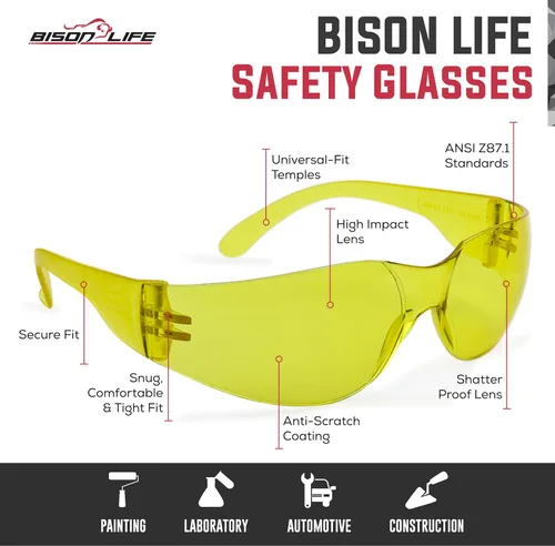 Miniatura 3 de BISON LIFE - Lentes de seguridad con protección envolvente resistente a arañazos, lente de policarbonato resistente a impactos ANSI Z87.1