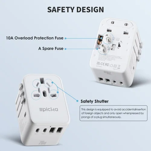 Miniatura 6 de EPICKA Adaptador de viaje universal, adaptador de enchufe internacional GaN con 3 USB-C de carga rápida PD de 70W y 2 USB-A, cargador de pared todo