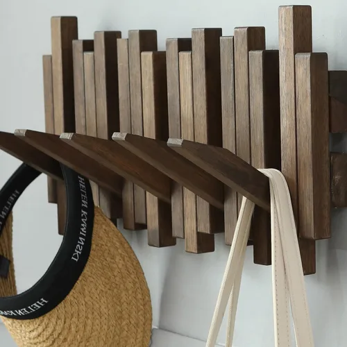 Miniatura 6 de Perchero de madera natural para piano de pared Perchero de pared Perchero de pared abatible con 5 ganchos Perchero de entrada, hecho de madera