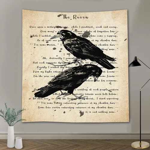 Miniatura 10 de FEASRT Tapiz gótico de calavera y cuervo, tapiz de pared The Raven Edgar Allan Poe, póster rústico de 51 x 60 pulgadas para sala de estar