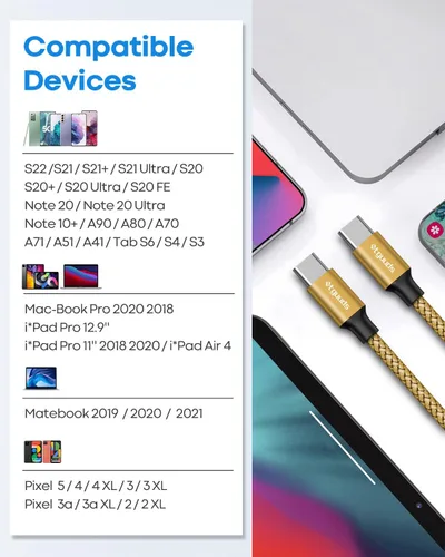 Miniatura 7 de etguuds Cable USB C a USB C dorado de 1 pie, paquete de 2 cables USBC a USBC de 60 W, cable de carga tipo C a C, cable de carga rápida para iPhone