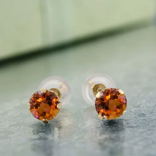 Miniatura 2 de Gem Stone King Aretes de tuerca de oro amarillo de 14 quilates con topacio místico naranja de 4 puntas para mujer