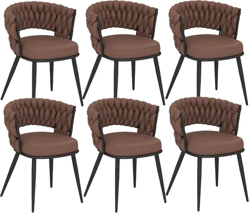 Miniatura 25 de Juego de 2 sillas de comedor tejidas, modernas sillas de comedor tejidas a mano con patas de metal negro, sillas tapizadas con marco negro