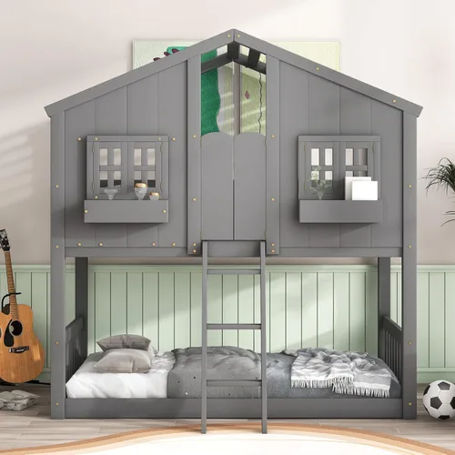 Miniatura 3 de Litera para niños con apariencia en forma de casa, litera de tamaño individual con techo y 2 ventanas, literas de piso de madera maciza para niños