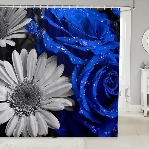 Miniatura 10 de Cortina de ducha con rosas rojas, juego de cortinas de ducha para niñas, mujeres y niños, cortina de ducha de tela impermeable con flores botánicas