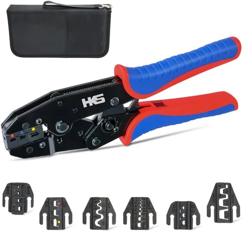 HKS Juego de herramientas de prensado de trinquete, 8 piezas, mandíbula de intercambio rápido para terminales termorretráctiles, no aislados, barril