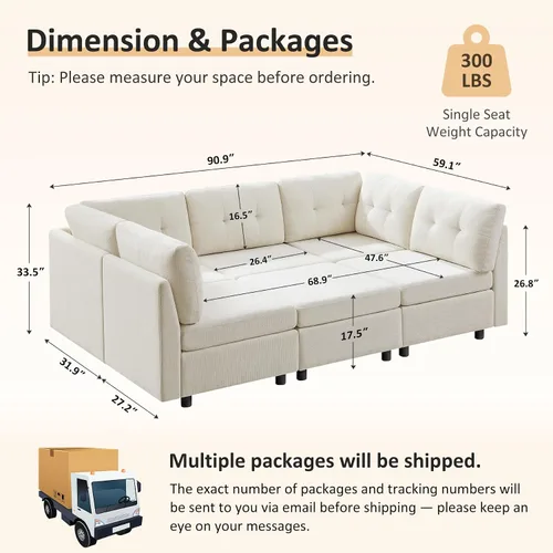 Miniatura 2 de VANOMi Sofá modular modular con otomana, sofás seccionales de 5 plazas para sala de estar, cómodo sofá nube de felpilla para sala de estar, Blanco