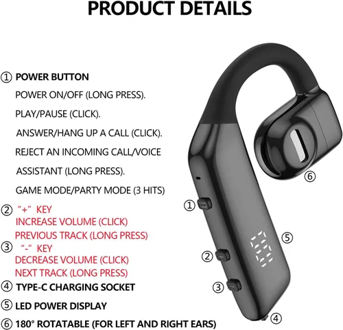 Miniatura 3 de Auricular Bluetooth V5.3 Auricular Bluetooth de un solo oído, con cancelación de ruido y compatible con micrófono, tiempo de conversación de 30