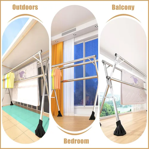 Miniatura 8 de Estante de secado de ropa plegable de acero inoxidable resistente, longitud ajustable, para interiores y exteriores, 7.9 ft/7.87 pies con pies
