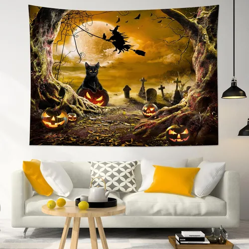 Miniatura 9 de LB Tapiz espeluznante de cementerio de Halloween, lápida aterradora con árboles muertos, tapiz de bosque para colgar en la pared, tapiz de fondo