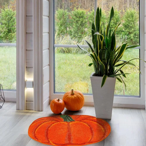 Miniatura 7 de AnyDesign Alfombra de baño de otoño, bonita alfombra de baño con forma de calabaza, alfombra de ducha antideslizante naranja otoñal, alfombra