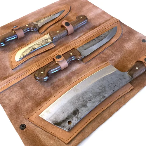 Miniatura 5 de Butcher Series - Juego de cuchillos y cuchillos forjados a mano de 4 piezas con funda de cuero auténtico, cuchillas de acero de alto carbono 5160