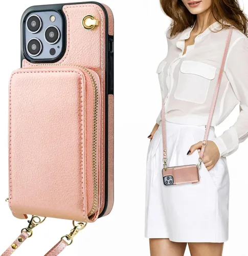 Miniatura 11 de KIHUWEY Funda tipo cartera cruzada para iPhone 14 Pro Max, funda con bolsillo con cremallera y soporte para tarjetas, funda protectora de piel Marrón