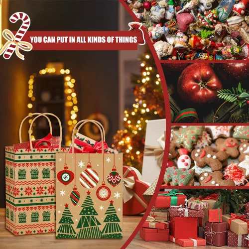 Miniatura 6 de Vellibring 24 piezas de bolsas de regalo de Navidad Kraft, bolsas de papel de Navidad con asa, bolsas de papel de Navidad con estampados navideños