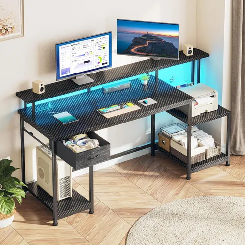 Miniatura 3 de Escritorio negro para juegos con luces RGB y 3 tomas de corriente alterna, escritorio de computadora de oficina con soporte de monitor de 55