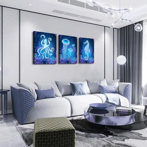 Miniatura 2 de Lienzo con temática de vida oceánica azul, pinturas artísticas de pared para sala de estar, obras de arte de pared, animales marinos, caballo