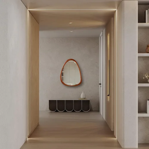 Miniatura 3 de Espejo de pared de madera irregular de 28 x 22 pulgadas, espejo decorativo abstracto asimétrico para sala de estar, dormitorio, entrada, baño