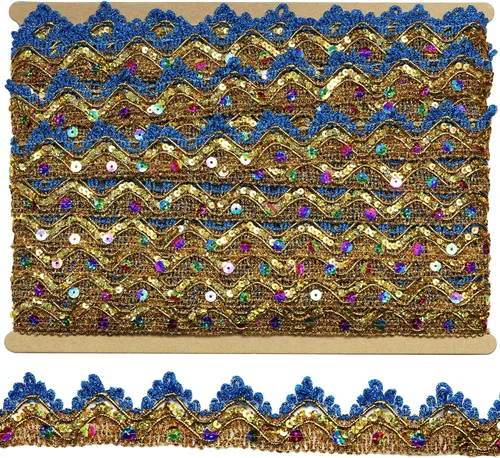 Miniatura 6 de Cinta de 14 yardas de ancho, 1.378 in/1.37 pulgadas, color azul y plateado con lentejuelas plateadas, cinta para manualidades y costuras Dorado