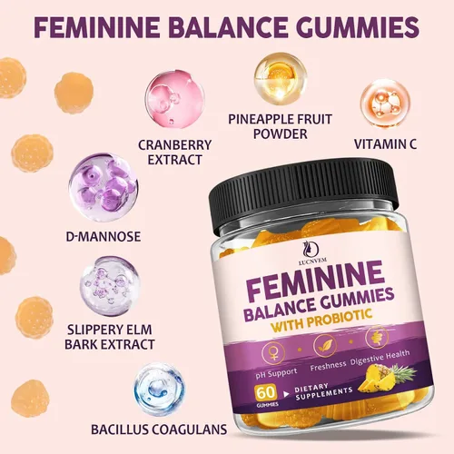 Miniatura 2 de Feminine Balance - Gomitas probióticas para mujeres, apoyan la salud vaginal, el equilibrio del pH, la frescura y la salud digestiva, con piña, olmo