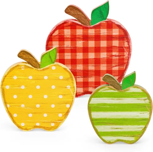 Whaline Letreros de madera de manzanas para el regreso a clases, centros de mesa con patrón retro, decoración de escritorio vintage para el primer