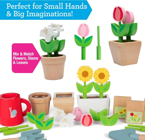 Miniatura 3 de Bloom & Grow Centro de jardinería de juguete de madera para interiores, juego de 22 piezas de soporte de jardín con flores, paquete de semillas