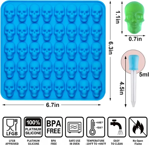 Miniatura 2 de Sidosir 4 moldes de chocolate con calavera de gomita, moldes de caramelo de calavera de gomita, moldes de silicona antiadherentes con 2 cuentagotas