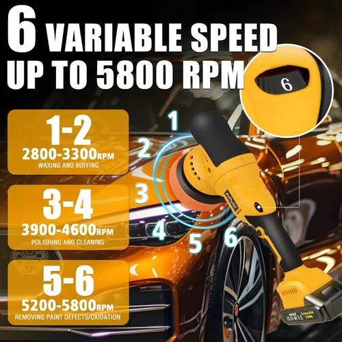 Miniatura 6 de AUTIWOZ Pulidora de búfer inalámbrica para auto, baterías 2x2000mAh 21V, pulidora orbital aleatoria de 5 pulgadas para detalles de automóvil