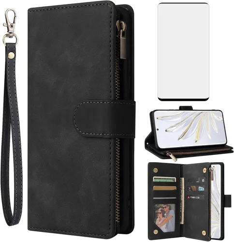 Asuwish Funda tipo cartera compatible con Honor 70 5G y protector de pantalla de vidrio templado, funda de cuero con tapa para tarjetero, accesorios