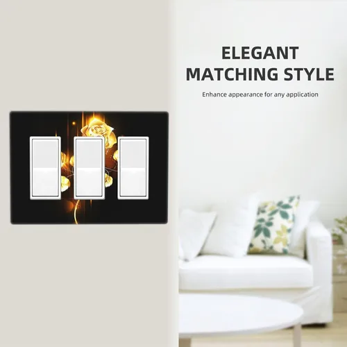 Miniatura 517 de Cubiertas de placa de pared de 3 gang con interruptor de luz de triple palanca, en negro y dorado con esplendor de oro rosa, estampado floral