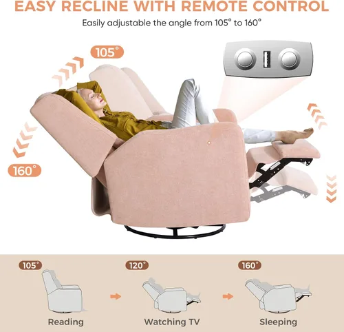 Miniatura 4 de Silla reclinable eléctrica giratoria, planeador grande para guardería con puerto de carga USB, mecedora tapizada de felpilla para dormitorio