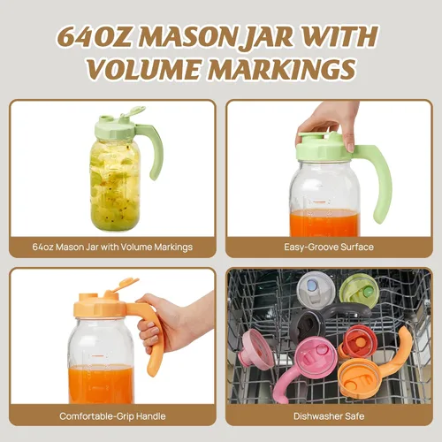 Miniatura 4 de SOLIGT Jarra de Vidrio Tipo Mason con Tapa, Boca Ancha con Tapa Abatible y Pico Vertedor, Tapa a Prueba de Fugas con Asa, 64 oz