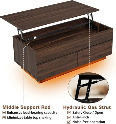 Miniatura 9 de HOMMPA Mesa de centro moderna con tapa elevable con almacenamiento para sala de estar, mesa de centro LED, mesa de comedor de madera con 2 cajones