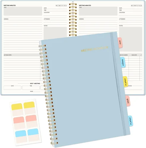 Miniatura 12 de SUNEE Cuaderno de reuniones para el trabajo con pestañas adhesivas, 160 páginas, planificador de proyectos de tamaño A4, agenda de reuniones en Negro